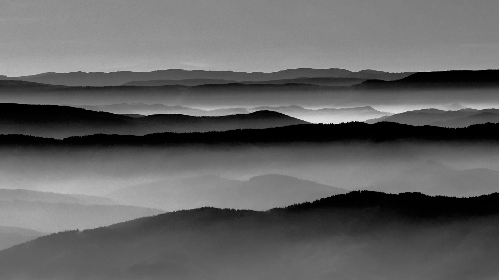 Lomas boscosas escalonadas en capas de bruma, cada vez más claras hacia el horizonte, bajo un cielo gris.